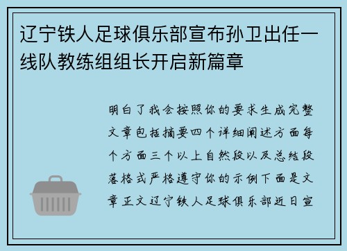 辽宁铁人足球俱乐部宣布孙卫出任一线队教练组组长开启新篇章